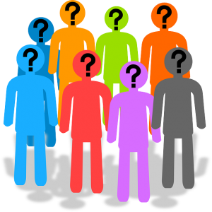Different colored human shapes with questions on their head